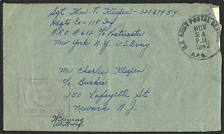 Ufrankeret amerikansk feltpostbrev stemplet U.S.Army Postal Service APO. d. 24.11.1942 til USA. Fra Hdqts. Co. 118th Infantry, APO 612 = Akureyri. Unit censor #00908.