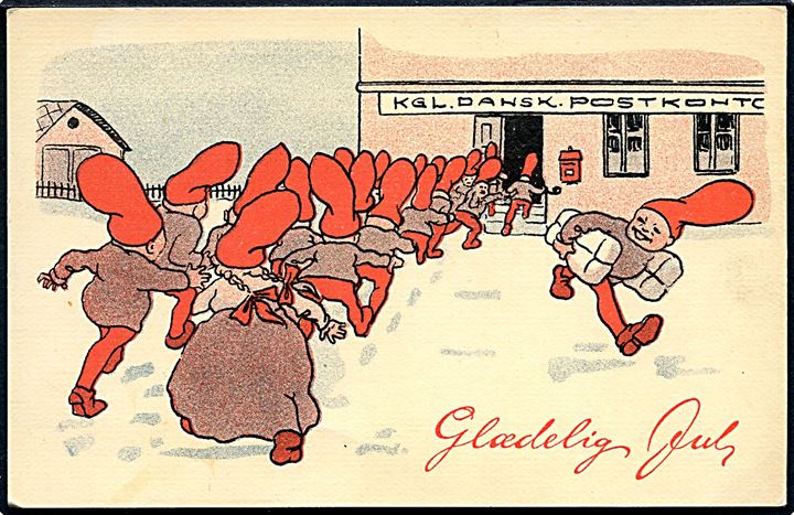 Glædelig Jul. Nisser står i kø ved Kgl. Dansk Postkontor. Stenders, Serie 401. 