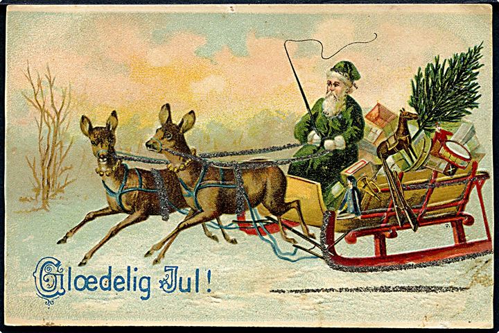 Glædelig Jul. Julemanden i kanen. Iført grøn kåbe. (Prægekort. Glimmer på kortet). Serie 562. 