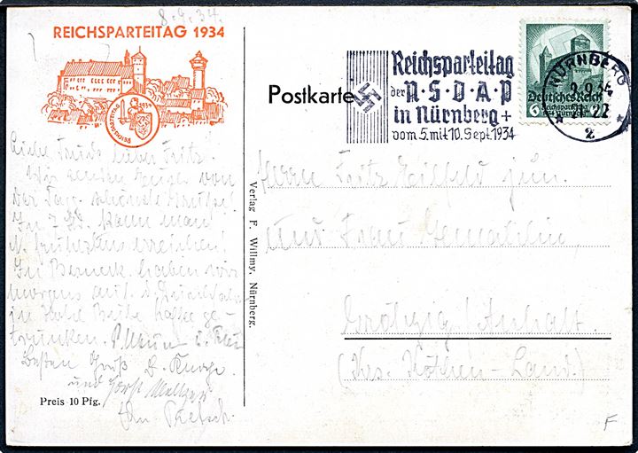 Tyskland. Eröffnung des appells der politschen leiter. F. Willmy u/no. Særstempel fra Reichsparteitag 1934.
