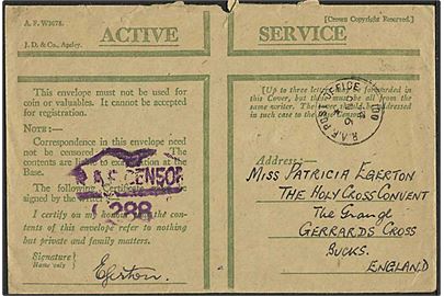 Ufrankeret honour envelope stemplet R.A.F. Post Office 001 (= Camp Winston, Reykjavik) d. 9.11.1944 (omv. årstal) til England. RAF censor no. 288.