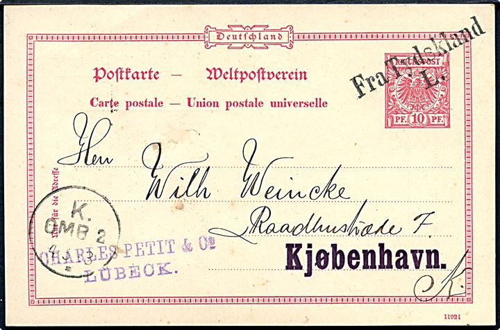 10 pfg. helsagsbrevkort fra Lübeck annulleret med skibsstempel Fra Tydskland L. og sidestemplet K. OMB. 2 d. 4.3.1893 til Kjøbenhavn, Danmark.