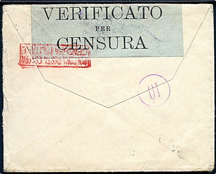 20 øre Chr. X på brev fra Holbæk d. 20.9.1916 til italiensk feltpostadresse. Åbnet af italiensk censur i Bologna.