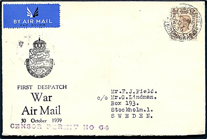 5d George VI på fortrykt luftpostkuvert First Despatch War Air Mail fra Sutton Coldfield d. 30.10.1939 til Stockholm, Sverige. Violet censurstempel: Censor Permit No. C4. Ank.stemplet i Stockholm d. 3.11.1939.