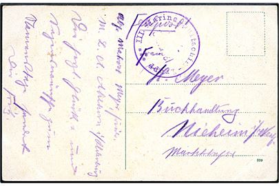 Ufrankeret feltpostkort (SMS Kaiserin) med violet briefstempel fra III Marine-Luftschiffstrupp i Ahlhorn b. Oldenburg til Nieheim.