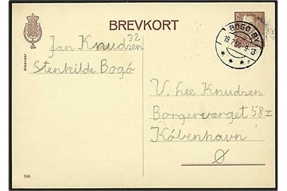 20 øre Fr. IX helsagsbrevkort (fabr. 188) stemplet Bogø By sn1 d. 19.7.1956 til København.
