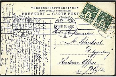 5 øre Bølgelinie i parstykke på brevkort fra Kjøbenhavn d. 17.6.1913 til maskinmester ombord på S/S Aggersborg i Blyth, England.