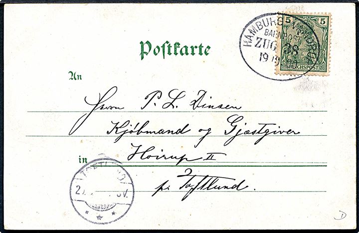 Pretoria, S/S, Gruss aus hamburg no. 2521. Med bureaustempel Hamburg - Vamdrup Bahnpost Zug 38 d. 19.10.1900.