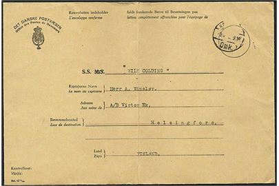 Samlekuvert - formular Bet. 62 3/32 - til fuldt frankerede Breve til Besætningen paa S.S. Wilh. Colding stemplet København d. 9.10.1933 via Stockholm til Helsingfors, Finland. Fold. Sjælden formular.