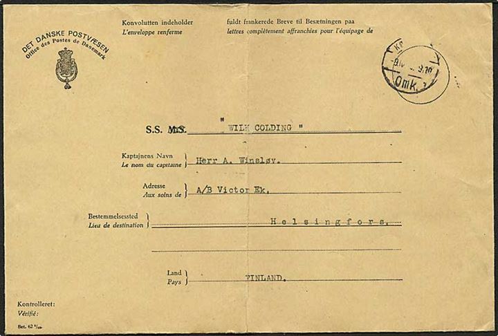 Samlekuvert - formular Bet. 62 3/32 - til fuldt frankerede Breve til Besætningen paa S.S. Wilh. Colding stemplet København d. 9.10.1933 via Stockholm til Helsingfors, Finland. Fold. Sjælden formular.