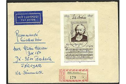 1,15 mk. Johannes Brahms blok udg. på anbefalet luftpostbrev fra WErdau d. 14.3.1983 til Tórshavn, Færøerne.