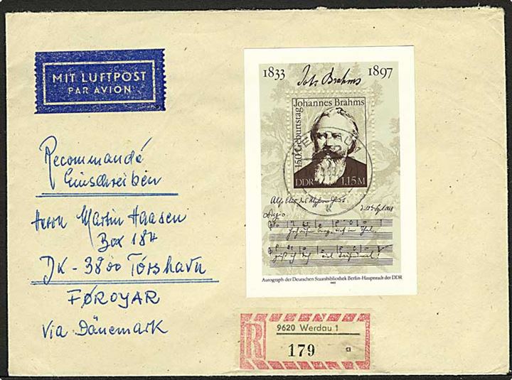 1,15 mk. Johannes Brahms blok udg. på anbefalet luftpostbrev fra WErdau d. 14.3.1983 til Tórshavn, Færøerne.