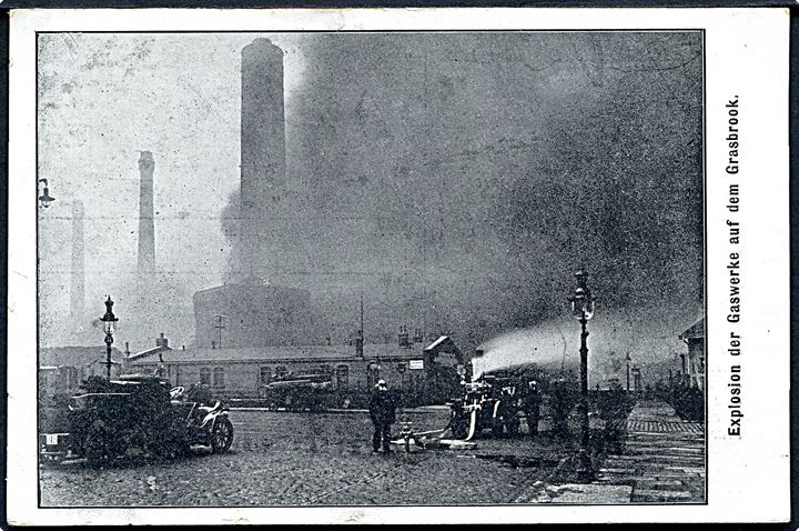 Tyskland. 8 December 1909. Explosion der Gaswerke auf dem Grasbrook. Beskrivelse af hændelsen på adressesiden. Atelier Schaul u/no. 