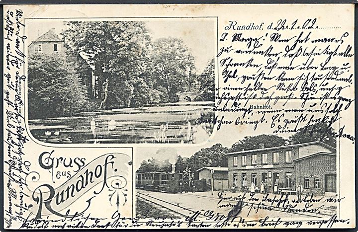 Tyskland, Schleswig. Rundhof “Gruss aus” med station og damptog. C. H. Heesch u/no.