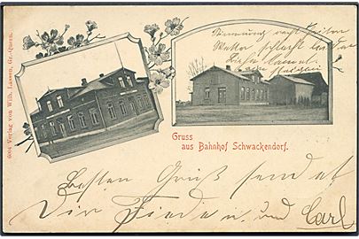 Tyskland, Schleswig. Schwackendorf “Gruss aus” med banegaard. W. Lassen no. 6004. Togstempel.