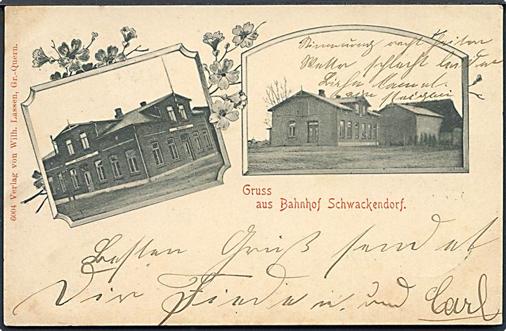 Tyskland, Schleswig. Schwackendorf “Gruss aus” med banegaard. W. Lassen no. 6004. Togstempel.