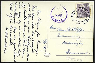 10 öre Gustaf på brevkort fra Halmstad d. 13.8.1945 til Helsingør, Danmark. Dansk efterkrigscensur: (Krone) 492 DANMARK.