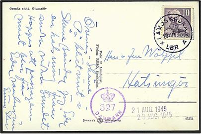 10 öre Gustaf på brevkort fra Landskrona d. 17.8.1945 til Helsingør, Danmark. Dansk efterkrigscensur: (Krone) 327 DANMARK.