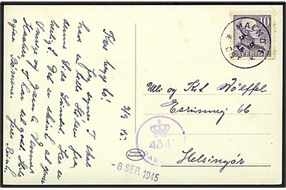 10 öre Gustaf på brevkort fra Halmstad d. 3.9.1945 til Helsingør, Danmark. Dansk efterkrigscensur: (Krone) 434 DANMARK.
