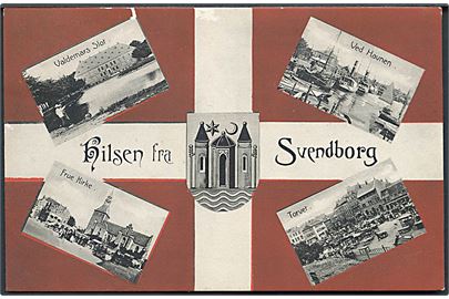 Svendborg, “Hilsen fra” med Dannebrog, byvåben og prospekter. Stenders no. 8146.