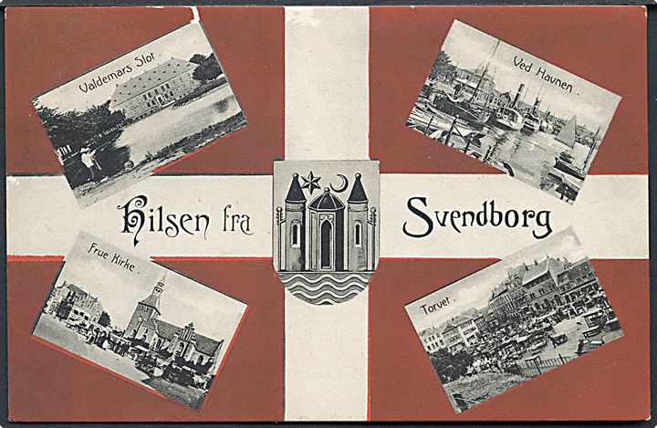 Svendborg, “Hilsen fra” med Dannebrog, byvåben og prospekter. Stenders no. 8146.