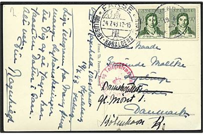 5 öre Scheele i parstykke på brevkort fra Falkenberg d. 19.7.1943 til Fakse, Danmark - eftersendt til København. Fakse turist stempel d. 24.7.1943 og dansk censur.