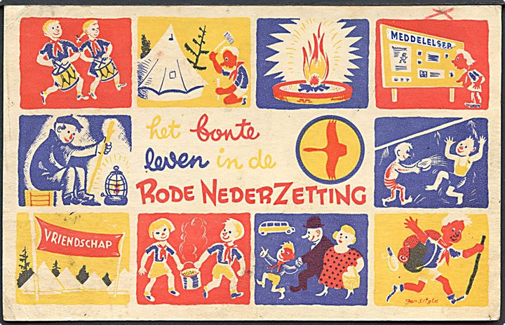 Spejder. International Falcon Movement. 5 kort tegnet af G. Sligte til ung-socialist lejren i Holland 1947. 