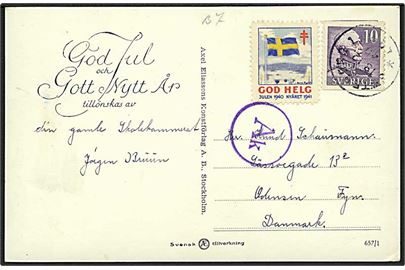 10 öre Gustaf og Julemærke 1940 på brevkort fra Stockholm d. 18.12.1940 til Odense, Danmark. Censurstempel Ak fra København.