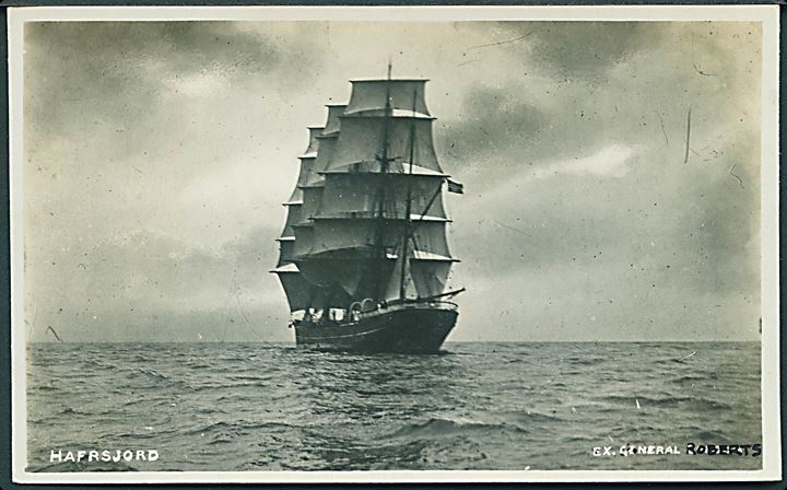 Norge. “Hafrsfjord”, 4-mastet bark af Holmefjord. Ex. “General Roberts”. Trykfejl på kortet. U/no.