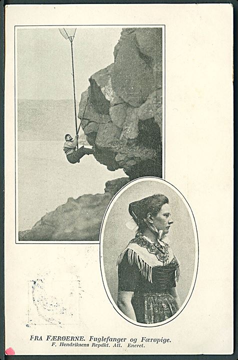 Fra Færøerne. Fuglefanger og færøpige. F. Hendriksen u/no. Stemplet Dansk Koloniudstilling i Tivoli 1905