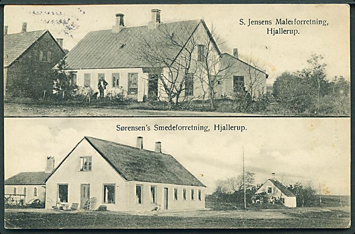 Hjallerup, Sørensen’s Smedeforretning og S. Jensen’s Malerforretning. Uhrback u/no.