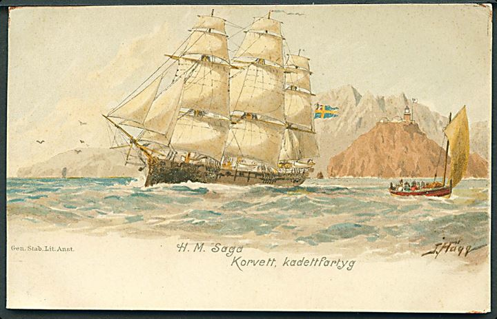 Sverige. “Saga”, HMS, Korvett, kadettfartyg.  J. Häga. Gen. Stab. Lit. Anst. u/no.