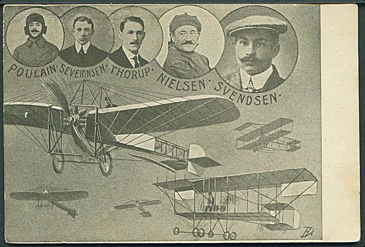 Danmarks-flyvningen 1911 med Poulain, Severinsen, Thorup, Nielsen og Svendsen. Strandberg u/no.