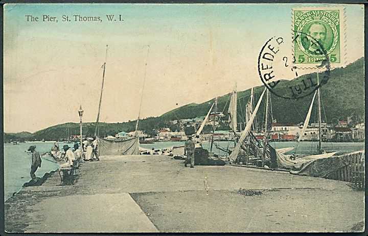 D.V.I., St. Thomas. “The Pier”. E. Fraas no. 12. Anvendt som tryksag til Canada 1911.