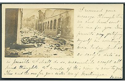 Martinique, ødelæggelser og ofre i St. Pierre efter Mount Pelee vulkanudbrud. Anvendt lokalt på St. Croix 1902.  