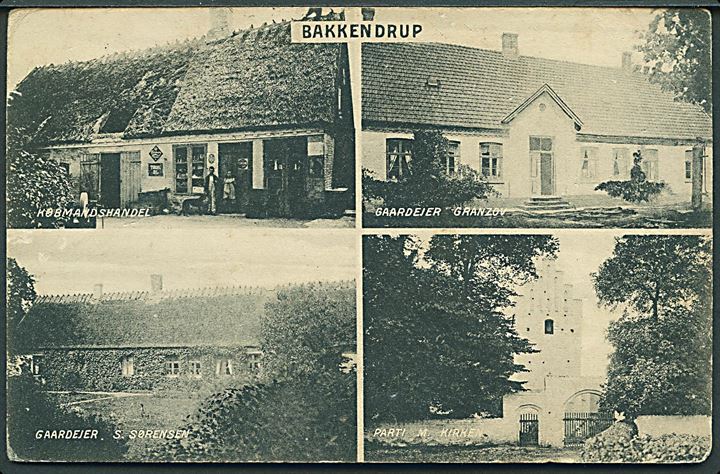 Bakkendrup, partier med købmandshandel og kirke, samt gårdejer Granzov og Sørensen. H. Schmidt u/no.
