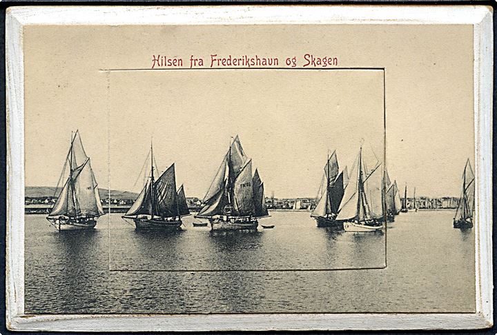 Frederikshavn, Hilsen fra Frederikshavn og Skagen. Tryksags-kort med lomme og 12 prospekter. U/no.