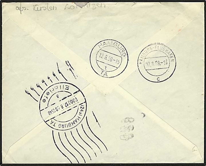 80 øre Fr. IX i parstykke på ekspresbrev fra Esbjerg d. 11.8.1959 til Hamburg, Tyskland.