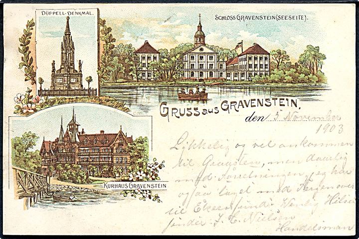 Graasten, “Gruss aus” med slot, kurhotel og Dybbøl mindesmærke. Bureaustempel Flensburg-Sonderburg.