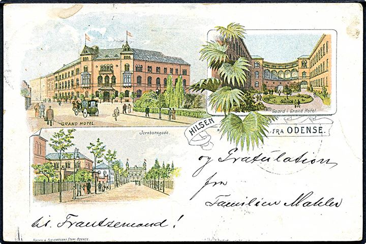 Odense, “Hilsen fra” m. Grand Hotel og Jernbanegade. Hagen & Sievertsen U/no.