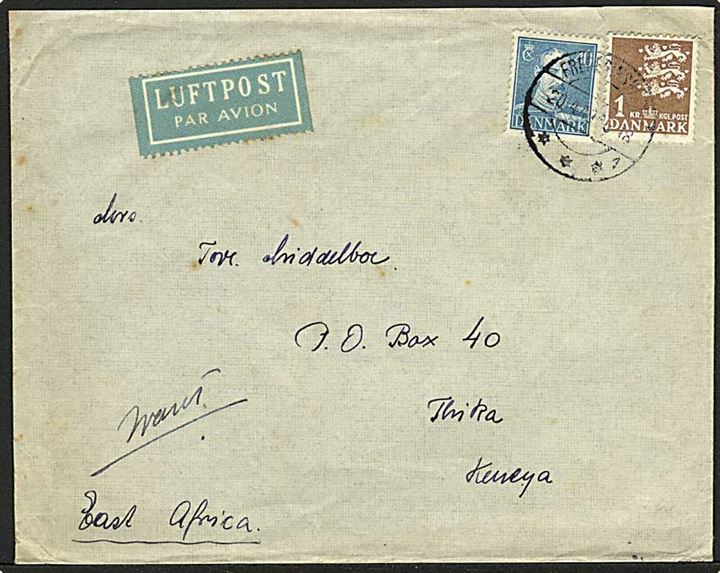 40 øre Chr. X og 1 kr. Rigsvåben på luftpostbrev fra Frederiksværk d. 20.4.1949 til Thika, Kenya, Afrika.