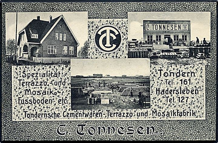 Tønder, C. Tonnesen Cementvarer- Terrazzo og Mosaik fabrik. Med rødt censurstempel Ü.-K. Tondern.