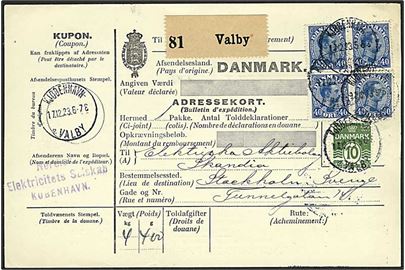 10 øre Bølgelinie og 40 øre Chr. X i to parstykker på 1,70 kr. frankeret internationalt adressekort for pakke fra Kjøbenhavn Valby d. 17.12.1923 til Stockholm, Sverige.