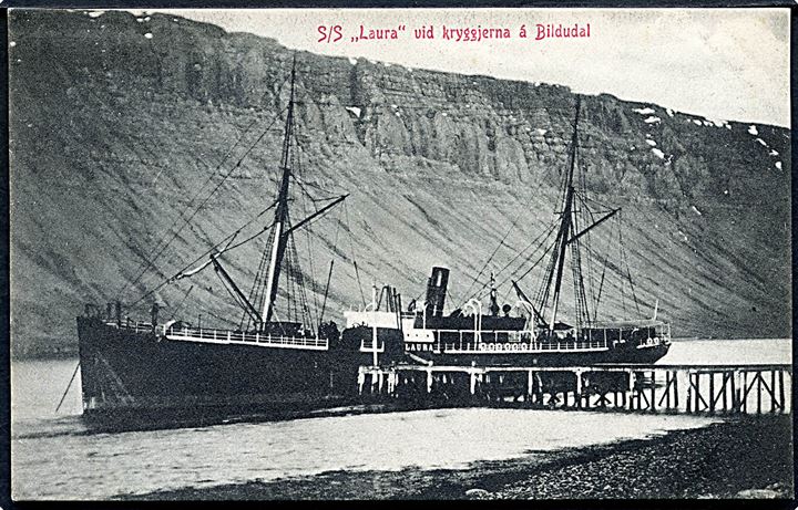 “Laura”, S/S, DFDS ved kaj i Bildudal, Island. Forlist ved Skagastrand, Island d. 16.3.1910. H.B.Stephensen u/no.