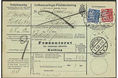 15 øre og 30 øre Karavel på retur Indkasserings-Postanvisning fra Kolding d. 1.4.1935 til Hjortshøj.