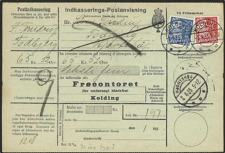 15 øre og 30 øre Karavel på retur Indkasserings-Postanvisning fra Kolding d. 1.4.1935 til Hjortshøj.