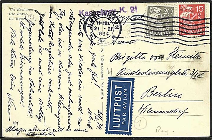 15 øre og 20 øre Karavel på luftpost brevkort stemplet København 21 d. 21.2.1934 til Berlin, Tyskland. Violet liniestempel: Kassebrev K. 21