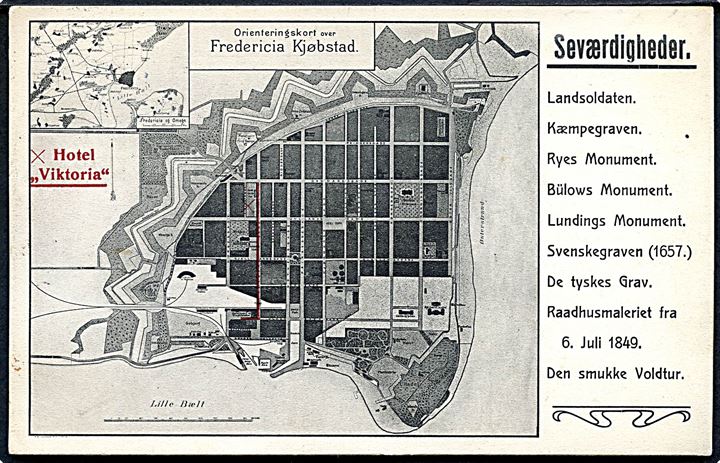 Fredericia, orienteringskort med seværdigheder, samt hotel “Viktoria”. Warburg u/no.
