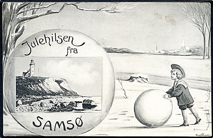 Vesborg Fyr, “Julehilsen fra Samsø” tegnet af Carl Røgind. C. M. Thune no. 16756.