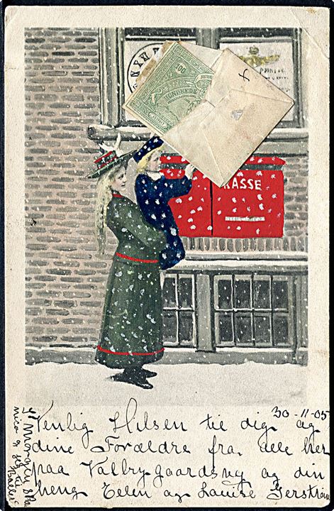 A. Vincent. Brev-Brevkort med pige som poster brev med 100 kr. seddel.